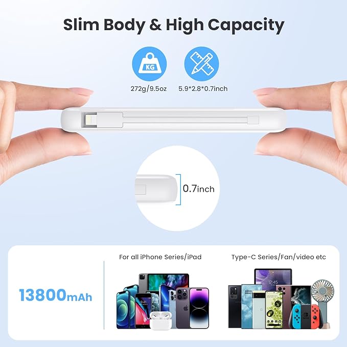 Portable Charger with Built-in Cables and AC Wall Plug 13800mAh,LCD Display Slim PD Fast USB C Power Bank,4 Outputs Travel Essentials Battery Pack Compatible with iPhone,Samsung,All Smart Phones-White