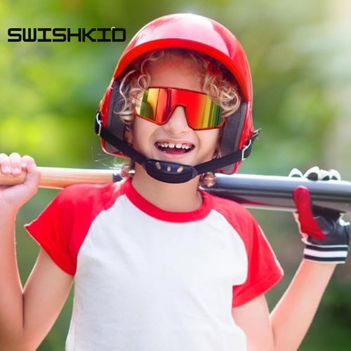 SWISHKID Youth Baseball Sunglasses – UV400 Protection for Boys & Girls – Lightweight, Impact-Resistant Sports Eyewear for Baseball, Softball & Outdoor Activities (Red Frame Blue Lens)