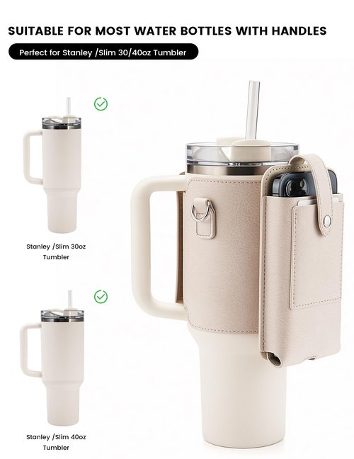 molshine Water Bottle Carrier Bag Holder with Phone Pocket Adjustable Strap for Stanley 30 40oz, Insulated PU Leather Cover Sleeve Sling Crossbody Bag for Walking Camping Hiking Travelling (Beige)