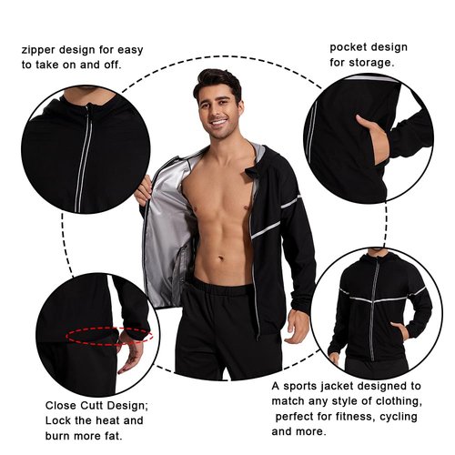LAZAWG Sauna Suit for Men Zipper Sweat Suit with Hood Long Sleeve Sauna Jacket Gym Exercise