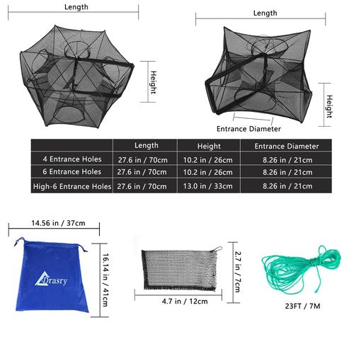 Drasry Black Fishing Bait Trap Foldable Fish Net for Minnow Crab Crayfish Crawdad Shrimp Trap Cast Net Dip Cage Collapsible Easy Use 4 6 Hole Fishing Accessories (Black-4 Holes)