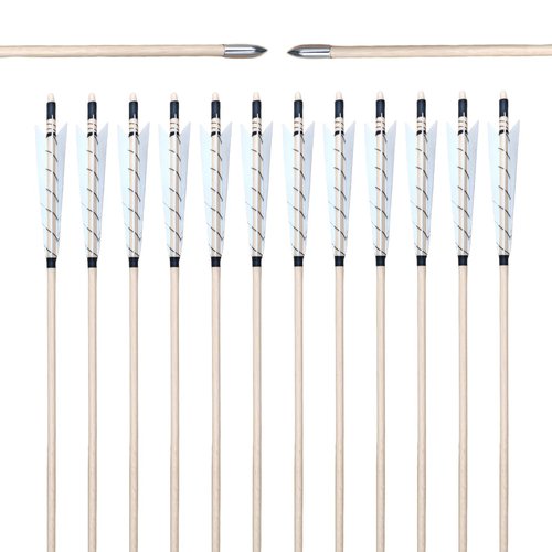 XTCXCARCHERY 32" Archery Wooden Target Practice Arrows with 5.9" Medieval Turkey Feather Fletching for Recurve &English & Traditional Longbow Hunting (Pack of 12) (White)