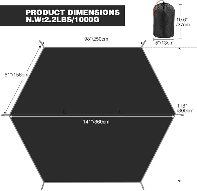 REDCAMP Hammock Rain Fly Camping Tarp Waterproof, Lightweight Backpacking Rain Tarp Shelter for Hiking Outdoor Hexagon Black 10x12ft