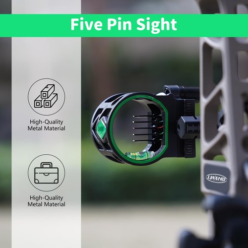 Archery 5-Pin Bow Sight - 0.019" Fiber, Brass Pin, Aluminum Machined - Right and Left Handed, with Hi-Vis Level for Archery, Hunting, Shooting (5 Pin Sight-M1)