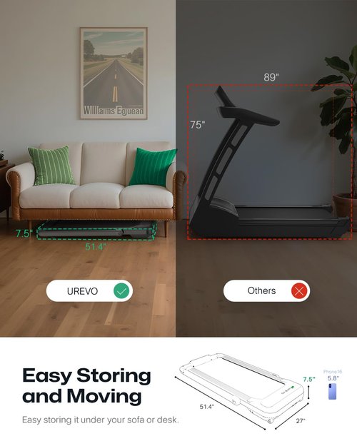 UREVO Smart Treadmill with 9% Incline, 3-in-1 Foldable Treadmill with Handle for Home/Office Fitness, Runner-Focused Design, 6 HIIT Programs & Auto Incline Follow Mode, 2 Display Screens, Plug & Play