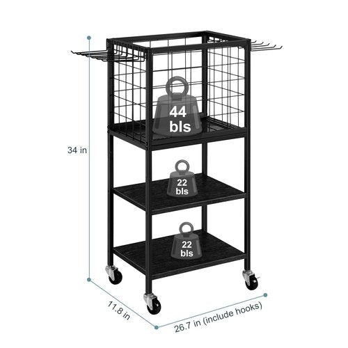 ETELI Weight Dumbbells Rack for Home Gym Yoga Mat Storage Rack Cart Small Metal Wood Home Gym Workout Equipment Storage with Hooks for Block Foam Rollers Resistance Bands, Black