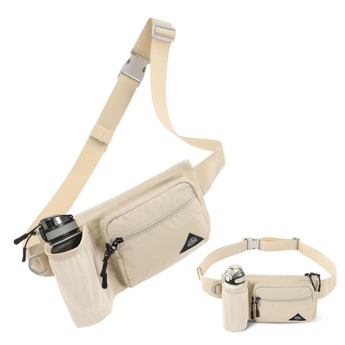 OCE GEAR Waist Pack with Water Bottle Holder for Men Women Waist Bag Running Waist Pack Waterproof for Outdoor Travel Cycling Climbing Walking Fit All Phones (Bottle Not Included) (Beige)