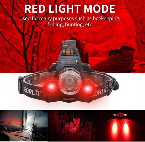 BORUIT RJ-3000 Rechargeabe LED Headlamp Super Bright with Red Light, 3 Modes Super Bright USB Head Lamp IPX4 Waterproof Headlight for Adults USB Outdoor Fishing Camping
