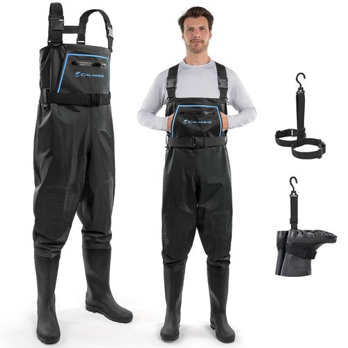 Calamus WaveWalker Fishing Waders for Men & Women, 100% Waterproof PVC Chest Waders with Slip-Resistant Boots, Tear-Resistant Nylon, Ample Storage, Wader Hanger, Black, M10/W12