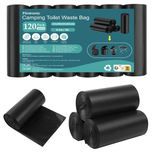 Flintronic Camping Toilet Bags, 120 PCS (6 Roll) Portable Toilet Bags, Thickened Toilet Waste Bags, Camp Potty Liner Bag for Camping, Hiking, Travel, Kitchen, Home