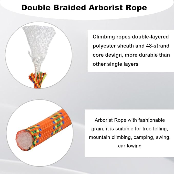 Double Braided Arborist Rope - 1/2 Inch x 200 Feet Polyester High Strength Climbing Rope for Tree Work, Halyard, Sailing (Orange)