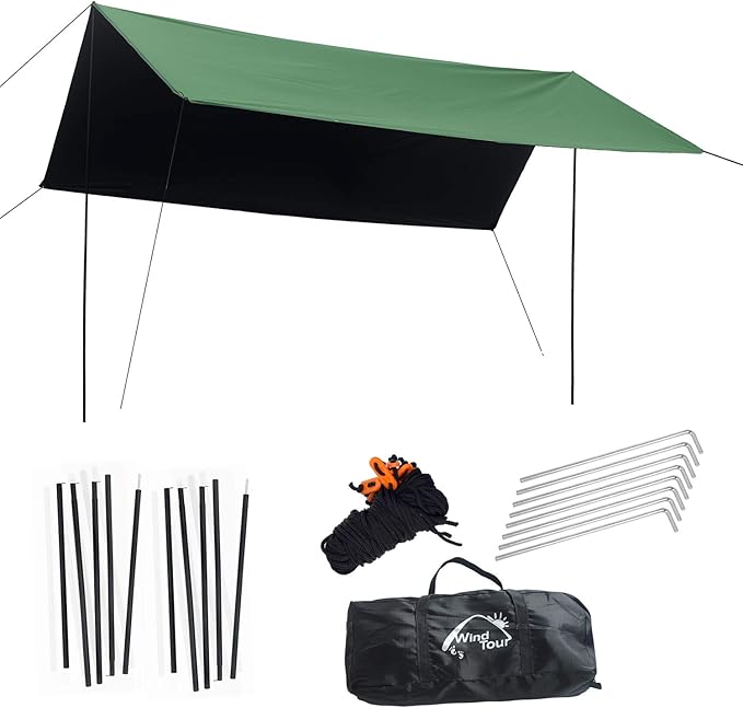 Wind Tour Portable Multifunctional Outdoor Camping Traveling Awning Backpacking Tarp Sunshade Lightweight UV Protection and PU 3000mm Waterproof Rain Fly Tarp Shelter (177×177 inches)