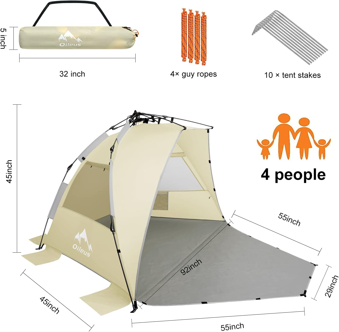 Oileus X-Large 4 Person Beach Tent Sun Shelter - Portable Sun Shade Instant Tent for Beach with Carrying Bag, Stakes, 6 Sand Pockets, Anti UV for Fishing Hiking Camping, Waterproof Windproof, Orange