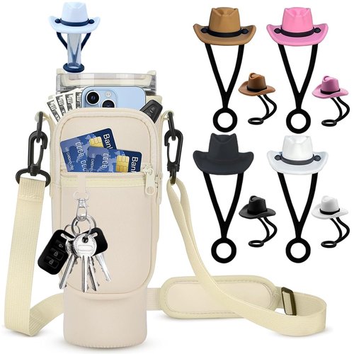 Water Bottle Holder With Strap For Stanley 40 Oz Tumbler,Stanley Cup Holder With Strap With Phone Pocket,Stanley Cup Carrier With 4 Pack Silicone Cowboy Hat Straw Cover,Tumbler Stanley Cup Accessories