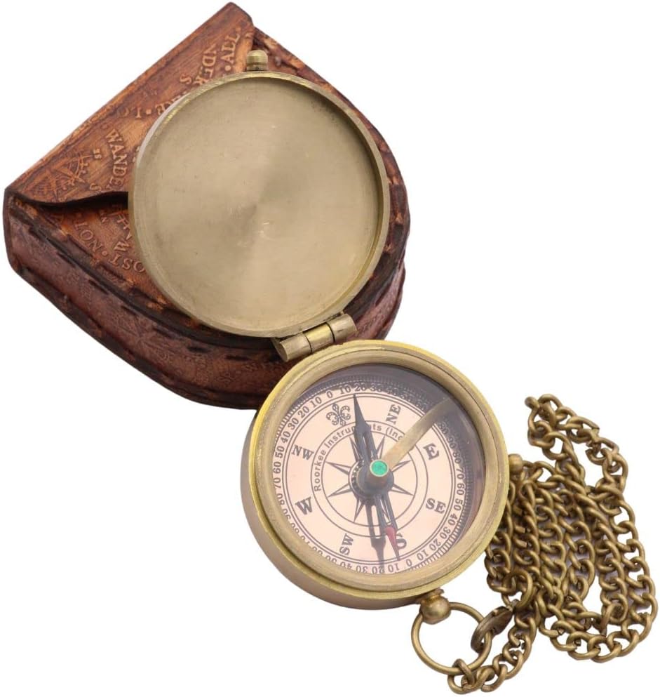 RII Antique Nautical Vintage Directional Magnetic Compass with Famous Scripture Quote Engraved Baptism Gifts with Leather Case or Wooden Case for Dad from Son, Daughter