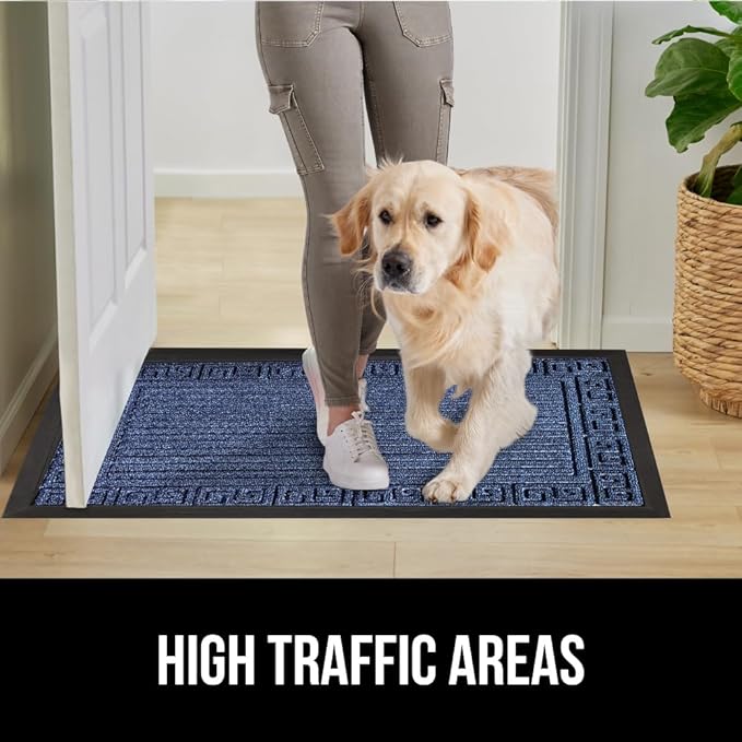 GORILLA GRIP 100% Waterproof All-Season WeatherMax Doormat, Durable Natural Rubber, Stain and Fade Resistant, Low Profile, Indoor Outdoor Door Mats, Easy Clean Entrance Mat, 17x29, Navy Greek Keys
