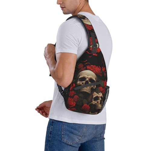 Mqtzyiwx Gothic Rose Blood Skull Sling Backpack Hiking Backpack Crossbody Bag Sports Lightweight And waterproof Chest Bag Shoulder Bag For Women Men
