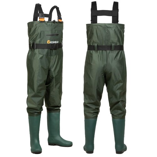 GIEESHIELD Waterproof Bootfoot Chest Waders for Men and Women, Lightweight 2-Ply Nylon/PVC Fishing & Hunting Waders with Boot Hanger - Green (Green, 11)