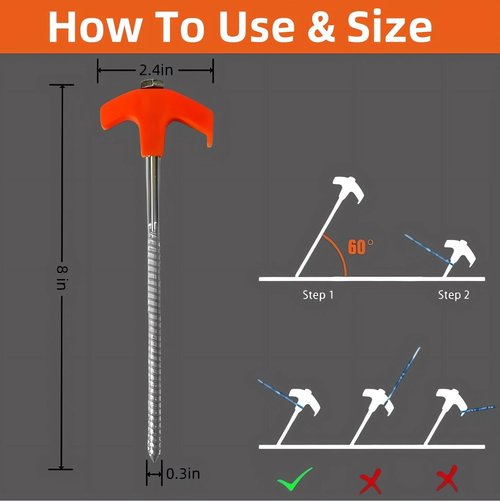 8" Screw in Tent Stakes - Ground Anchors Screw in, Tent Pegs Camping Stakes Heavy Duty, Metal Threaded Tent Spikes, Hex Pegs Drillable Tent Stakes, Screw Tent Stakes for Outdoor Camping (8PCS-Black)