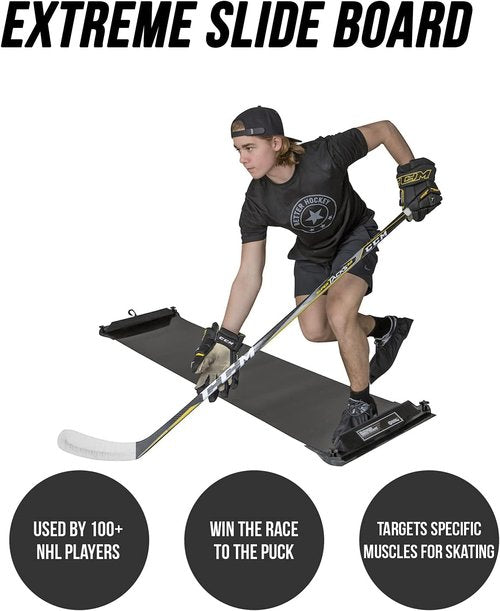 Better Hockey Extreme Slide Board - Portable IceHockey Training Aid, For Stamina, Endurance, Strength, Agility and Speed - Used by the Pros, Adjustable Length, With 3 pair of Booties, Size S, M, and L