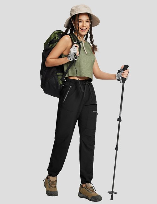 SPEXIAL Women's Hiking Pants Lightweight Water Resistant Travel Pants Quick Dry Ladies Elastic Waist UPF Casual Zipper Pockets Black S