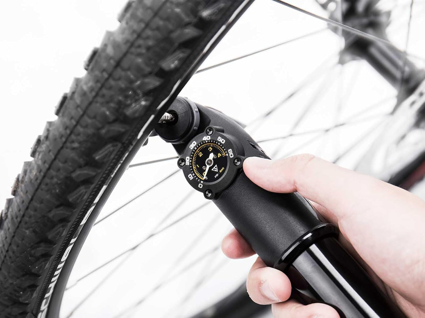 Topeak Mountain TT Twin Turbo Mini Pump with Gauge, 60 Psi / 4 Bar, Fits Presta, Schrader, and Dunlop valves