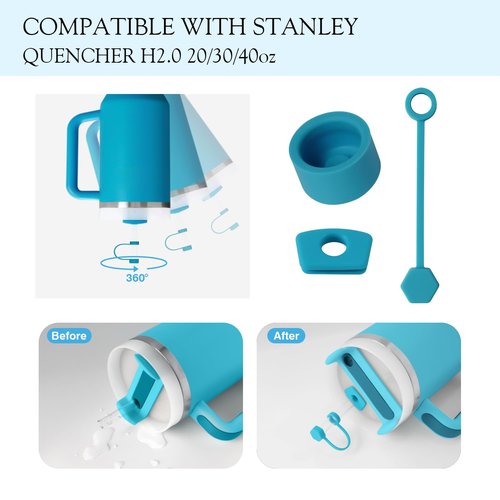 Silicone Anti Spill Leak Proof Stopper Kit for Stanley Cup 30oz & 40oz with Straw Covers, Chroma Metallic Tumbler Boot and Glitter Star Straw Cover For Azure/Plum/Green Stanley Cup Accessories (Azure)