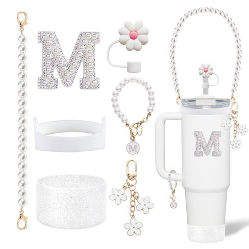 LUHOHI Stanley Cup Accessories Set - Including Water Bottle Carrying Pearl Strap, Handle Letter Charms Sticker, Silicone Cup Boot Straw Cover for 40oz & 30oz Tumbler Accessory Kit