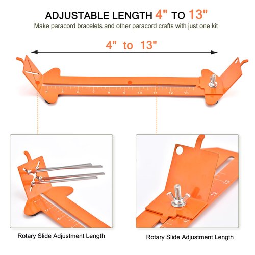MONOBIN 2 in 1 Paracord Metal Jig, Adjustable Length Paracord Maker- Weaving DIY Craft Paracord Tool 4" to 13" with Buckles and Non-Slip Mat (Orange, 13.2in)
