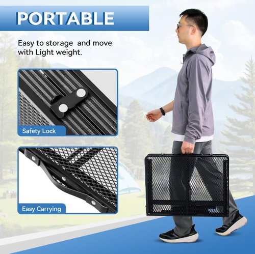 MOOTHLION Portable Camping Table with Wire Mesh Top for Outside, Height Adjustable Grill Table for Camping, Beach, Picnic and BBQ, Black