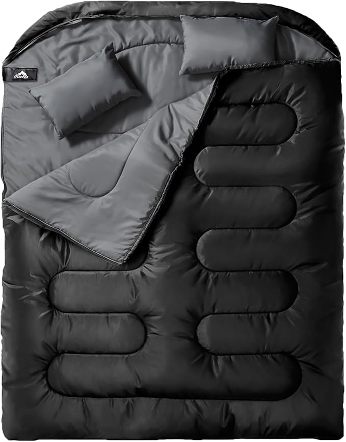 MEREZA Double Sleeping Bag for Adults Mens with Pillow, XL Queen Size Two Person Sleeping Bag for All Season Camping Hiking Backpacking 2 Person Sleeping Bags for Cold Weather & Warm