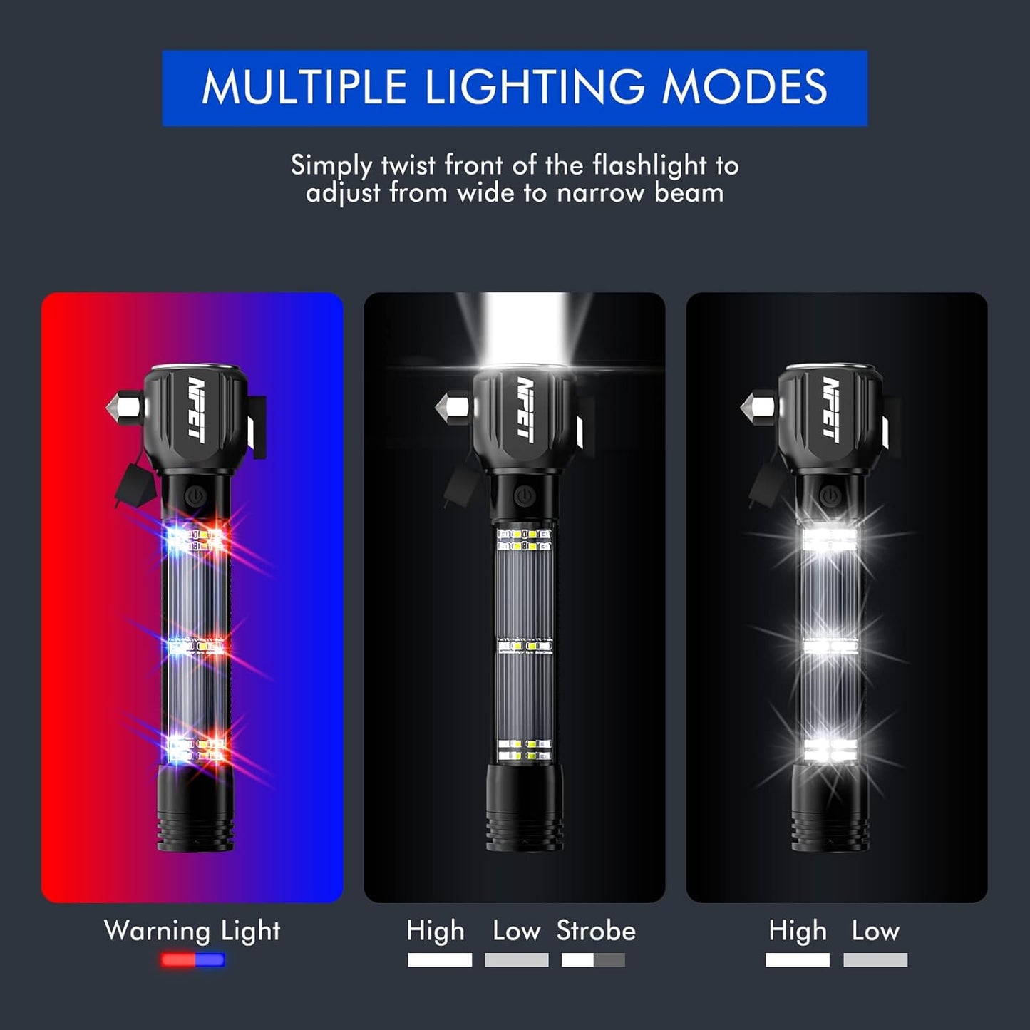 NPET T10 Car Flashlight 500 Lumens LED COB Light Solar Powered USB Rechargeable Tactical Multi-Function Torch Tool with 120dB Siren Window Breaker Seat Belt Cutter Compass for Camping