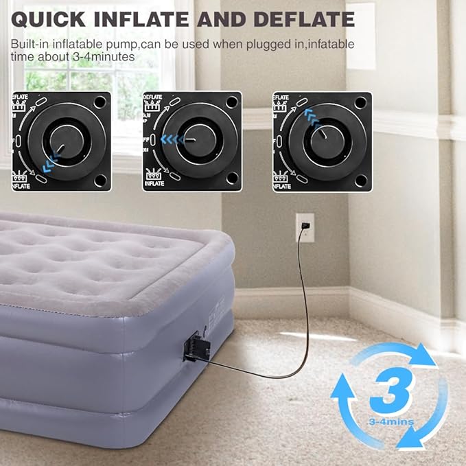 UPWELL Inflatable Air Mattress Twin with Built in Pump Comfort Blow up Bed Waterproof Fast&Easy Set up Dura Beam Strong Support Mattress for Home Guests & Camping Grey