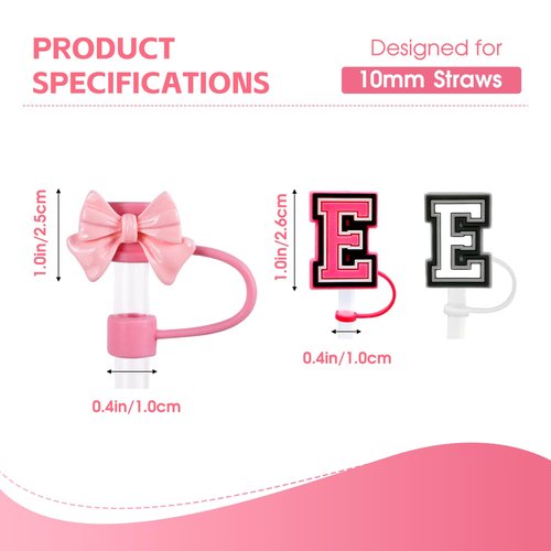 WINOWIMO 2PCS Bow Letter Charms, 3PCS Initial Pink Bow & Letter Straw Cover Caps for Stanley Cup 30 & 40Oz, Charms Decorations for Tumbler Handle, Straw Toppers for Stanley Cup Accessories Set (E)
