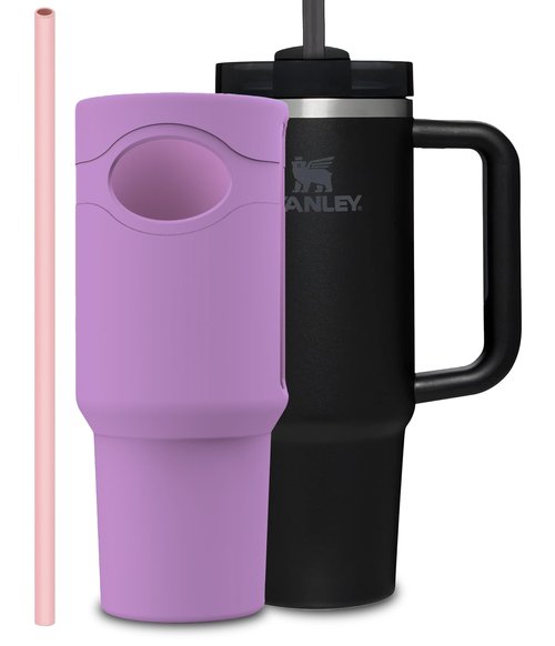 Silicone Boot for Stanley Cup 40 oz Bottom Protector & Replacement 12” Straw Set Compatible for Stanley Tumbler Accessories Quencher with Handle Full Body Sleeve Case Anti-Slip (Pink Purple)