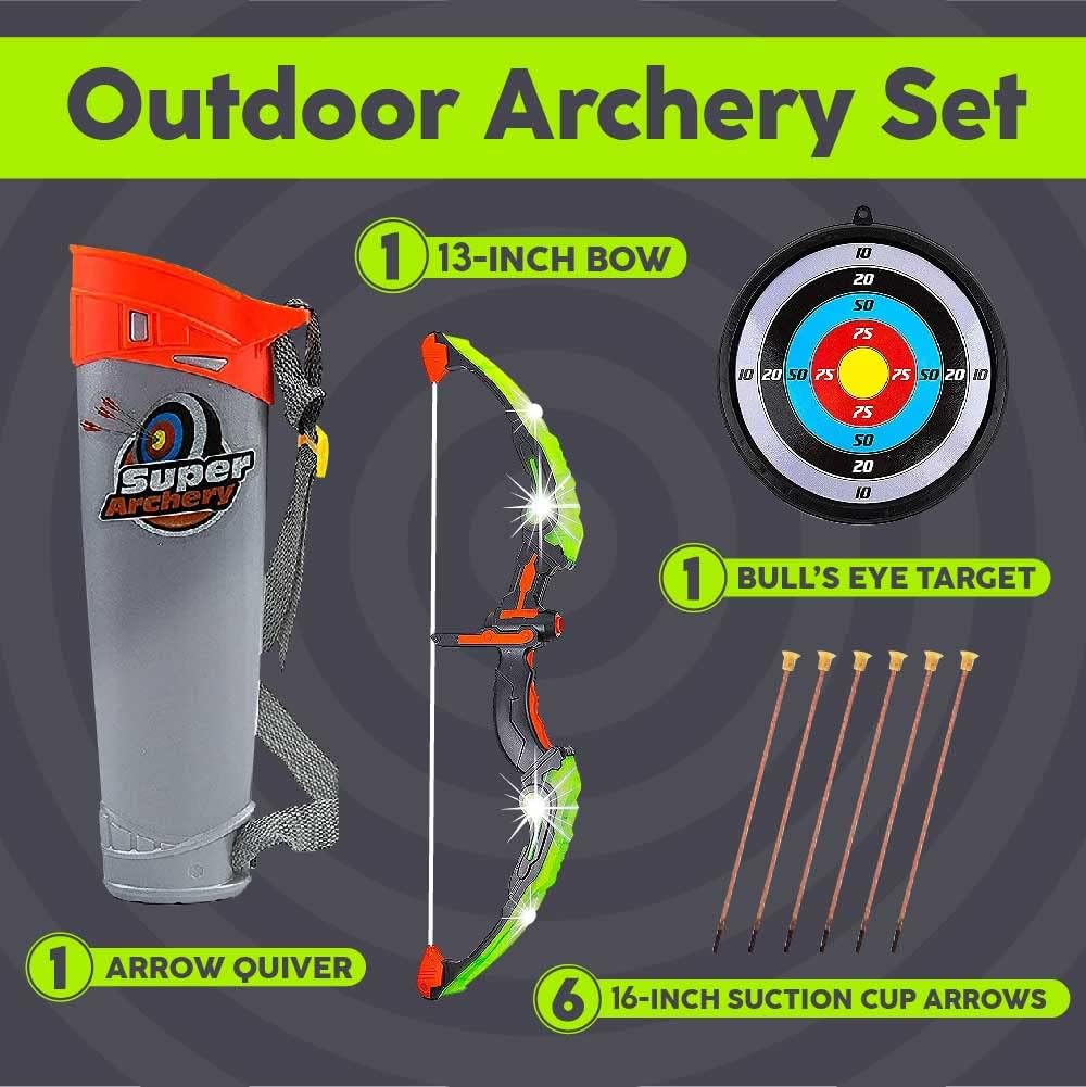 Toysery Kids Archery Set with LED Flash Lights, Toy Bow and Arrow Set for 6-8 Years Old Boys, Includes Archery Bow, 6 Archery Arrows, Target, Quiver - Great for Youth Practice