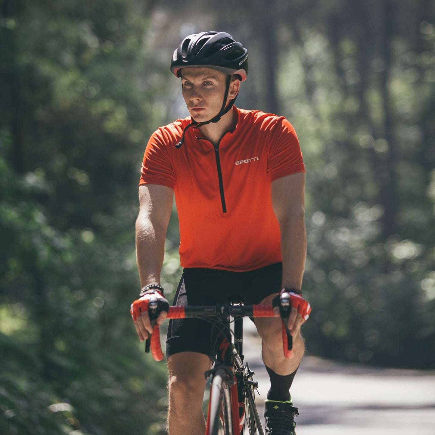 Spotti Men's Cycling Bike Jersey Short Sleeve with 3 Rear Pockets- Moisture Wicking, Breathable, Quick Dry Biking Shirt