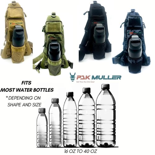 Pak Muller Crossbody Sling Bag Water Bottle Holder, RFID Back Pocket, Travel, Hiking, Everyday Go Bag, Chest Bag, Unisex, Slim Profile, Mid-Size (Black)