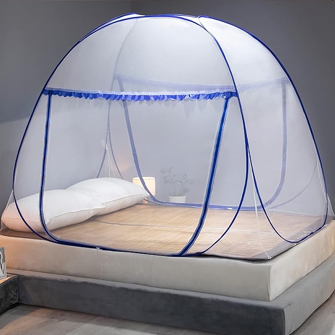 Mosquito Net for Bed, Folded Size 12 inch Portable Camping Travel Mosquito Net, Pop Up Mosquito Tent with Double Entry for King Queen Size Bed (Blue, 71"x79"x59")
