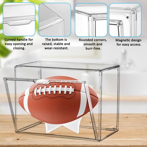 NETGOG Acrylic Football Display Case - Full Size Storage Box With Removable Built-in Stand, Clear Showcase With Magnetic Door for Memorial Sports Gloves (2 Pack)