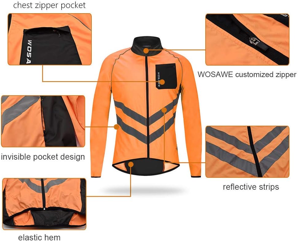 WOSAWE Men's High Visibility Cycling Wind Jacket Water Resistance Reflective Windbreaker