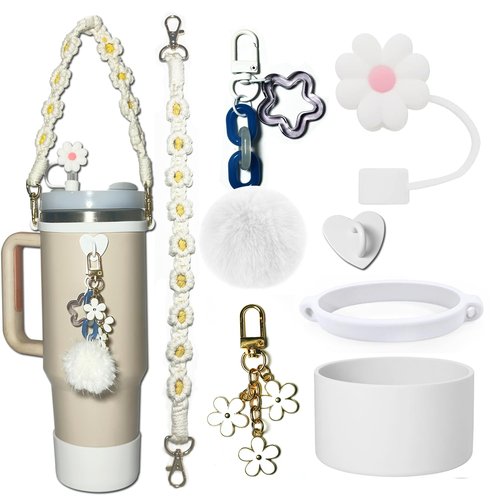 Stanley Cup Accessories Bundle: Water Bottle Handle, Silicone Straw and Boot Cover, 2 Stanley Charms for 40oz & 30oz Tumbler (White)