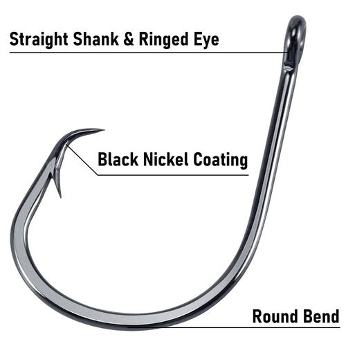 Dr.Fish 50 Pack in-line Circle Hooks, Straight Shank Octopus Hooks, Freshwater & Saltwater Fishing Catfish Tuna Bass Striper 2/0