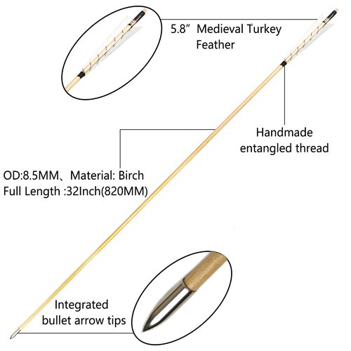 XTCXCARCHERY 32" Archery Wooden Target Practice Arrows with 5.9" Medieval Turkey Feather Fletching for Recurve &English & Traditional Longbow Hunting (Pack of 12) (White)