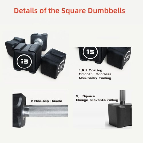 Square Dumbbells, PU Coated Weight Dumbbells With Non-Slip Grip and No-Roll Head for Home Gym Workouts and Weight Strength Training, Single(30LB/55LB) and Pair(5.5LB-32LB)，No Odor