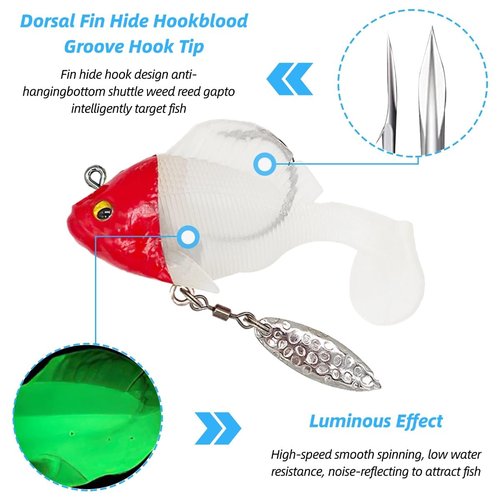 6PCS Pre-Rigged Jig Head Soft Fishing Lures with Paddle Tail, Swim Baits 3D Eyes Spinner Blades for Bass Fishing, Fishing Bait for Freshwater Saltwater, Fishing Lures for Bass Trout Walleye Crappie