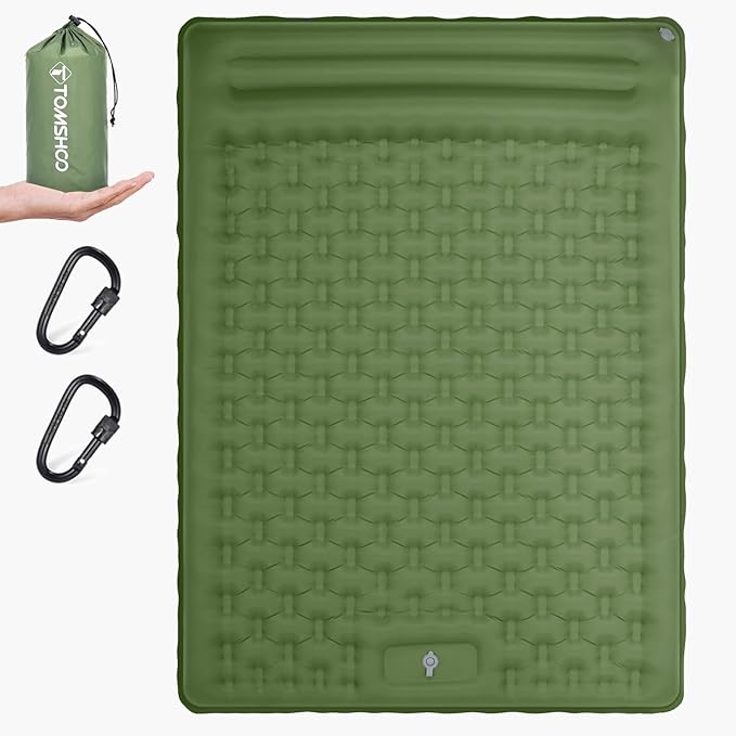 TOMSHOO Double Sleeping Pad, Inflatable Sleeping Mat Built-in Pump Camping Mat Upgraded Support Camping Mattress with Pillow, 2 Carabiner, Carry Bag, Repair Kit-77''L*53''W*5''H
