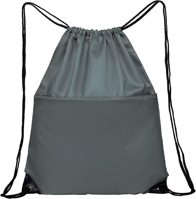 BuyAgain Drawstring Backpack Sports Water Resistant String Bag Sport Gym Sackpack for Women Men Large with Zipper, Grey