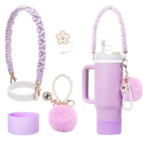 BELSITA Stanley Cup Accessories Set, Pom Pom Pearl Chain Braided Design Water Bottle Handle Strap, Silicone Stanley Cup Boot, Stanley Charms for Stanley Cup 30/40oz Tumble (Purple)