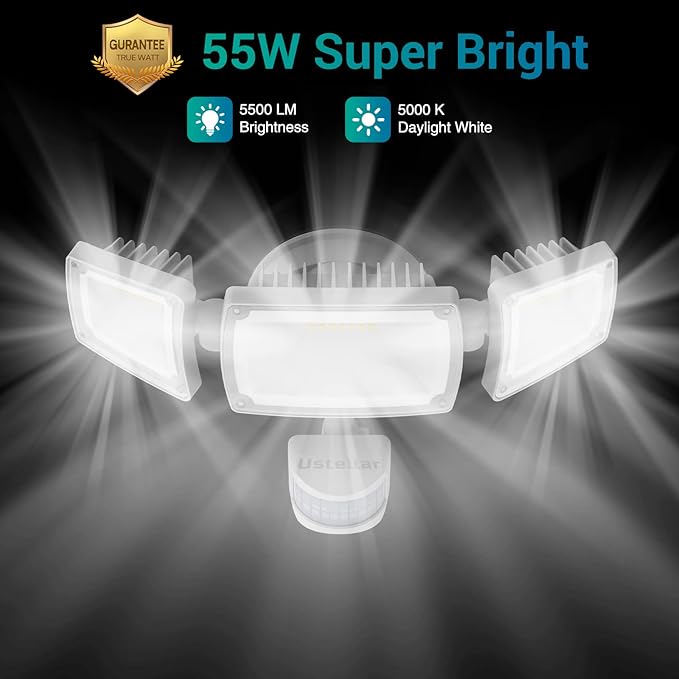 USTELLAR 1 Pack 55W LED Security Lights Motion Sensor Light Outdoor with Remote Control, Dusk to Dawn LED Flood Lights 5500LM 5000K, IP65 Waterproof, Exterior Flood Light for Garage, Yard, House, Eave